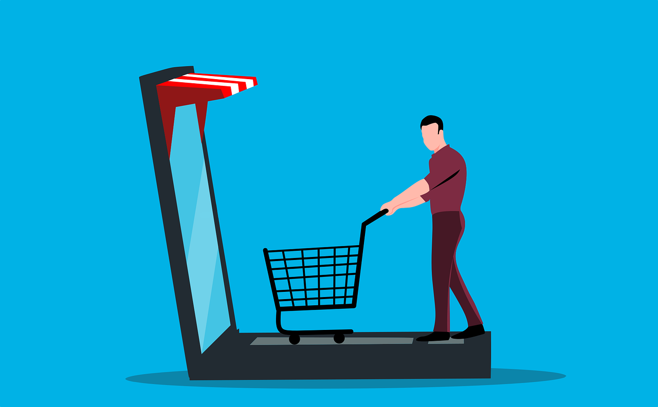 Customer riding a cart into a laptop